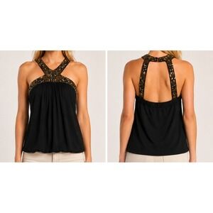 Cache Hollywood Glam Embellished Sequin Beaded Halter Babydoll Top Black SZ Mdm